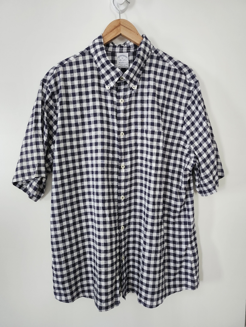 BROOKS BROTHERS XL Regent Fit Short Sleeve 100% Irish Linen Shirt Navy White